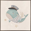 Whimsical illustration of a blue whale wearing a sailor hat and striped shirt surrounded by underwater elements from the Little Tails Collection by Urban Road.