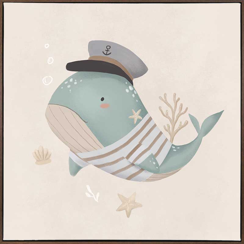 Whimsical illustration of a blue whale wearing a sailor hat and striped shirt surrounded by underwater elements from the Little Tails Collection by Urban Road.