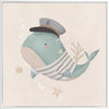 Whimsical illustration of a blue whale wearing a sailor hat and striped shirt surrounded by underwater elements from the Little Tails Collection by Urban Road.