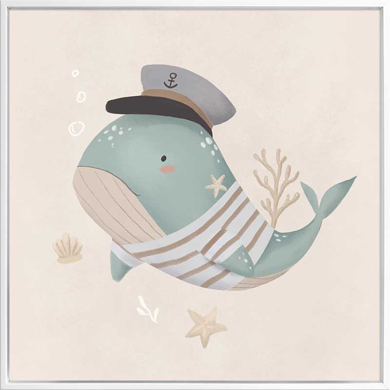 Whimsical illustration of a blue whale wearing a sailor hat and striped shirt surrounded by underwater elements from the Little Tails Collection by Urban Road.
