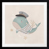 Whimsical illustration of a blue whale wearing a sailor hat and striped shirt surrounded by underwater elements from the Little Tails Collection by Urban Road.