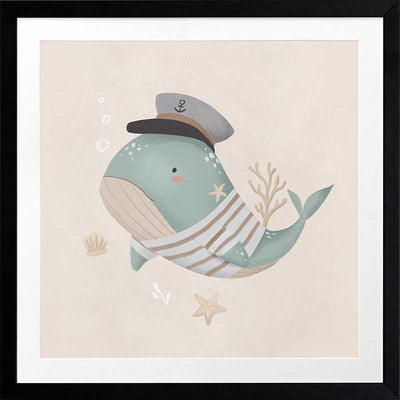 Whimsical illustration of a blue whale wearing a sailor hat and striped shirt surrounded by underwater elements from the Little Tails Collection by Urban Road.