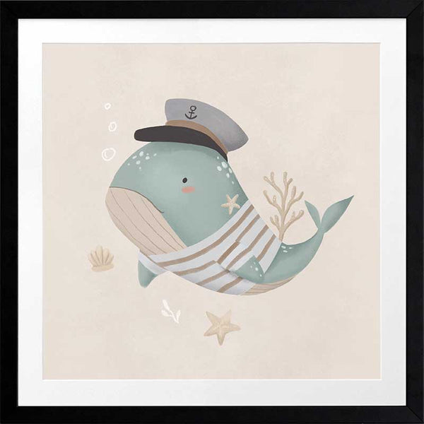 Whimsical illustration of a blue whale wearing a sailor hat and striped shirt surrounded by underwater elements from the Little Tails Collection by Urban Road.