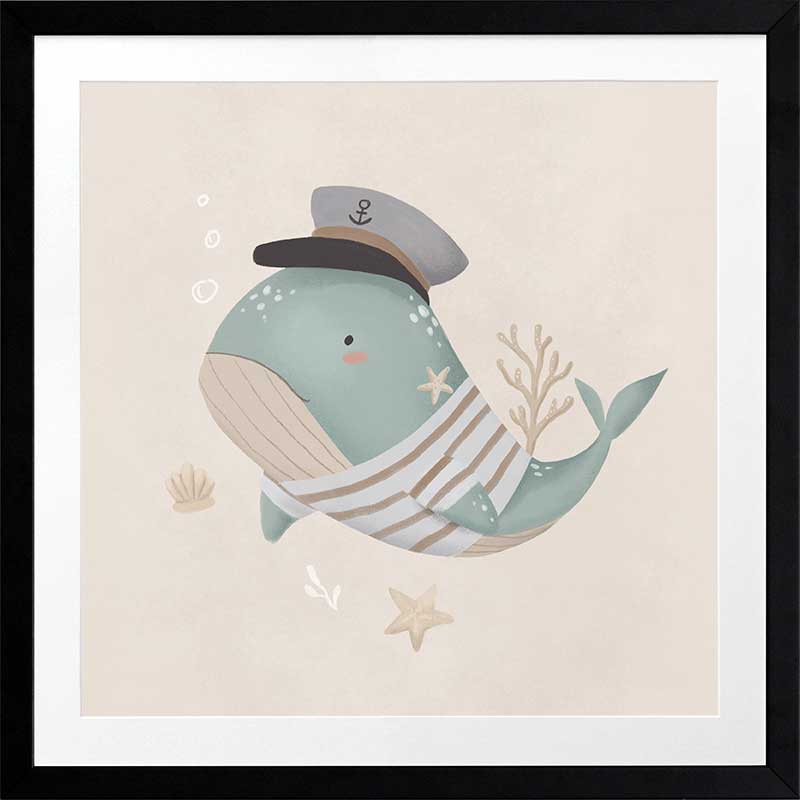 Whimsical illustration of a blue whale wearing a sailor hat and striped shirt surrounded by underwater elements from the Little Tails Collection by Urban Road.