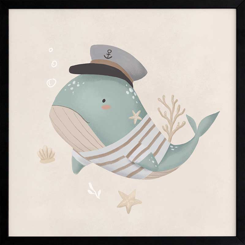 Whimsical illustration of a blue whale wearing a sailor hat and striped shirt surrounded by underwater elements from the Little Tails Collection by Urban Road.