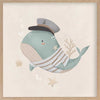 Whimsical illustration of a blue whale wearing a sailor hat and striped shirt surrounded by underwater elements from the Little Tails Collection by Urban Road.