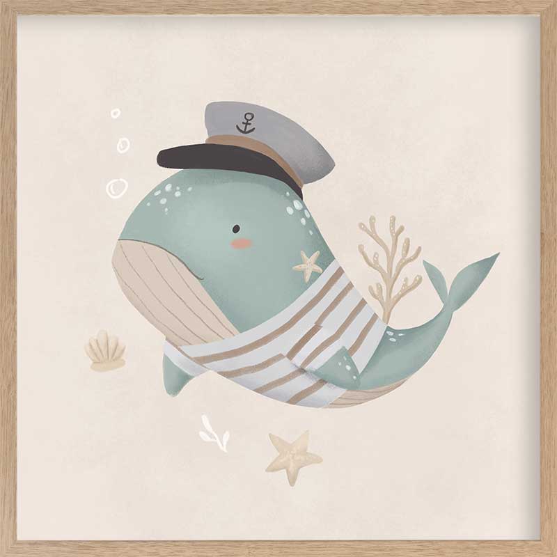 Whimsical illustration of a blue whale wearing a sailor hat and striped shirt surrounded by underwater elements from the Little Tails Collection by Urban Road.