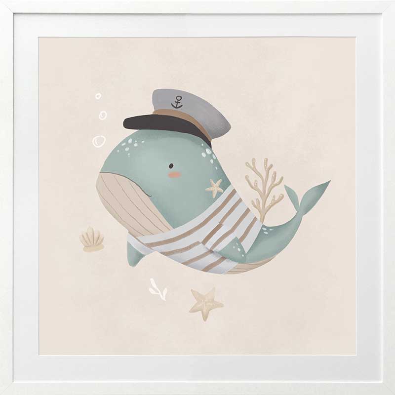 Whimsical illustration of a blue whale wearing a sailor hat and striped shirt surrounded by underwater elements from the Little Tails Collection by Urban Road.