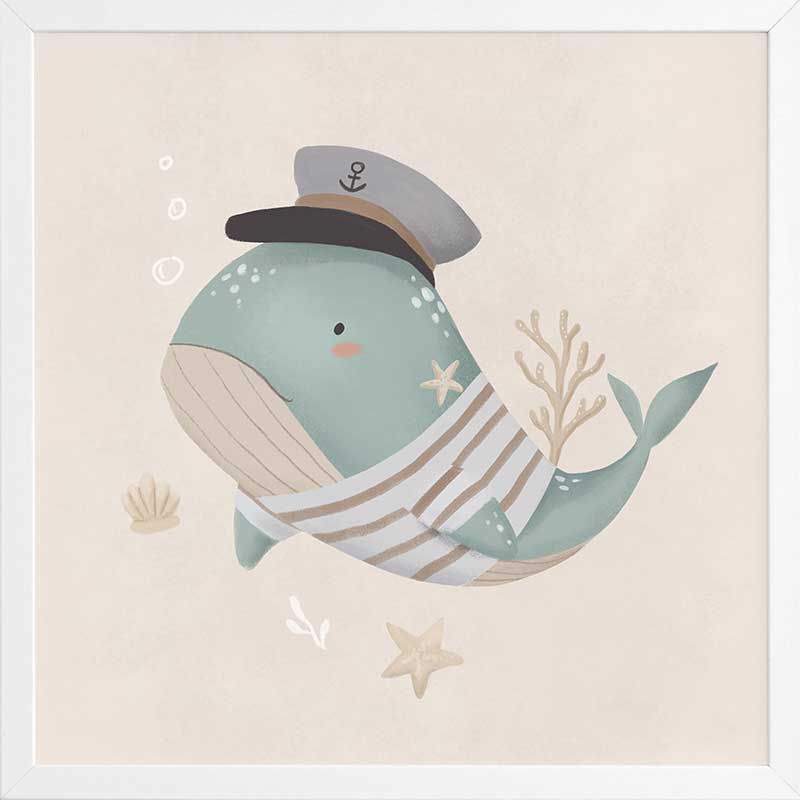 Whimsical illustration of a blue whale wearing a sailor hat and striped shirt surrounded by underwater elements from the Little Tails Collection by Urban Road.