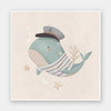 Whimsical illustration of a blue whale wearing a sailor hat and striped shirt surrounded by underwater elements from the Little Tails Collection by Urban Road.