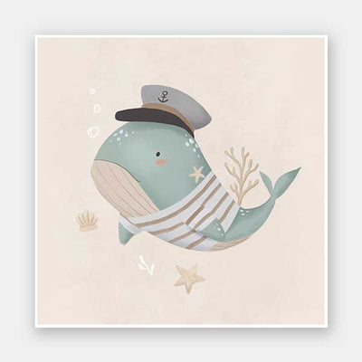 Whimsical illustration of a blue whale wearing a sailor hat and striped shirt surrounded by underwater elements from the Little Tails Collection by Urban Road.