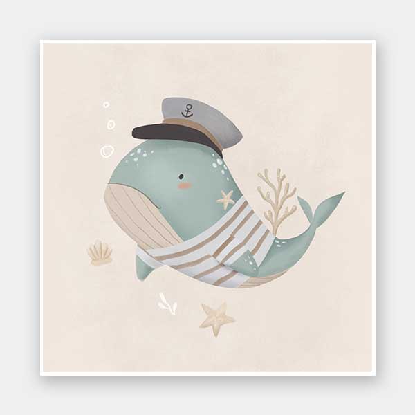 Whimsical illustration of a blue whale wearing a sailor hat and striped shirt surrounded by underwater elements from the Little Tails Collection by Urban Road.
