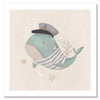 Whimsical illustration of a blue whale wearing a sailor hat and striped shirt surrounded by underwater elements from the Little Tails Collection by Urban Road.