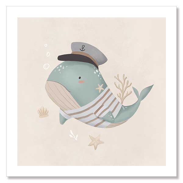 Whimsical illustration of a blue whale wearing a sailor hat and striped shirt surrounded by underwater elements from the Little Tails Collection by Urban Road.