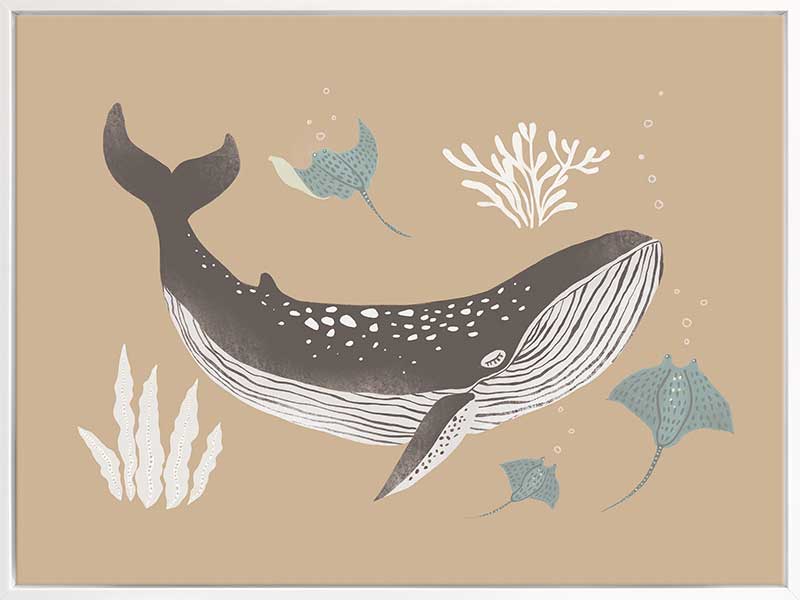 Soft-toned underwater artwork featuring a whale shark and ocean flora in brown and black from the Little Tails Collection by Urban Road.