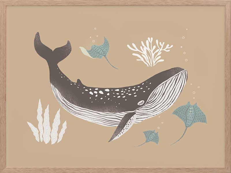 Soft-toned underwater artwork featuring a whale shark and ocean flora in brown and black from the Little Tails Collection by Urban Road.