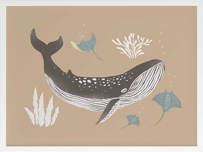 Soft-toned underwater artwork featuring a whale shark and ocean flora in brown and black from the Little Tails Collection by Urban Road.