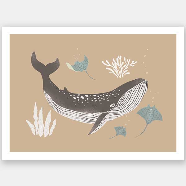 Soft-toned underwater artwork featuring a whale shark and ocean flora in brown and black from the Little Tails Collection by Urban Road.