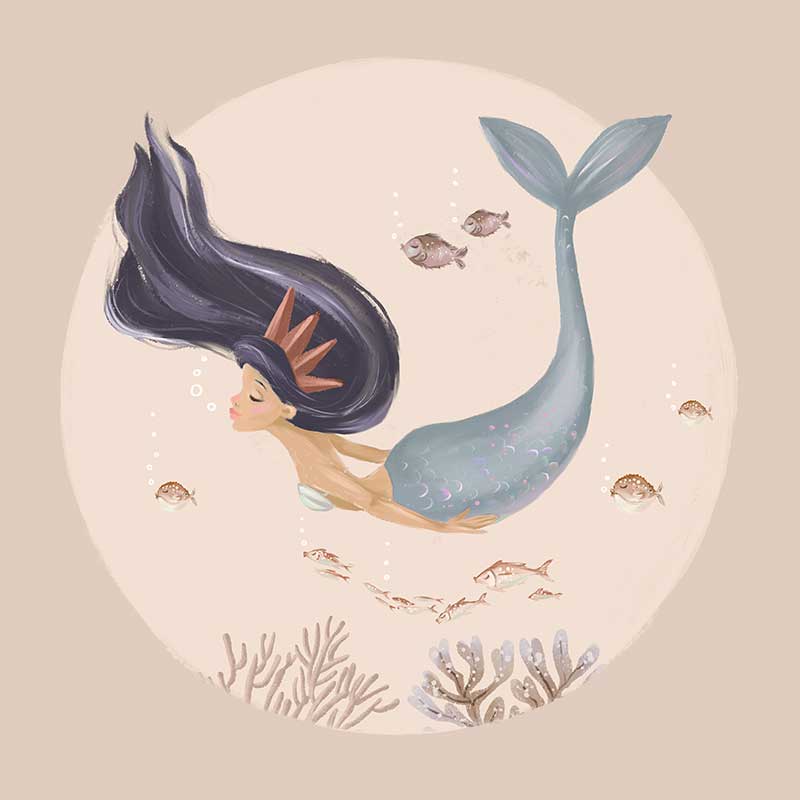 An underwater illustration of a whimsical mermaid with flowing dark hair swimming near corals and fish, part of the Little Tails Collection by Urban Road.