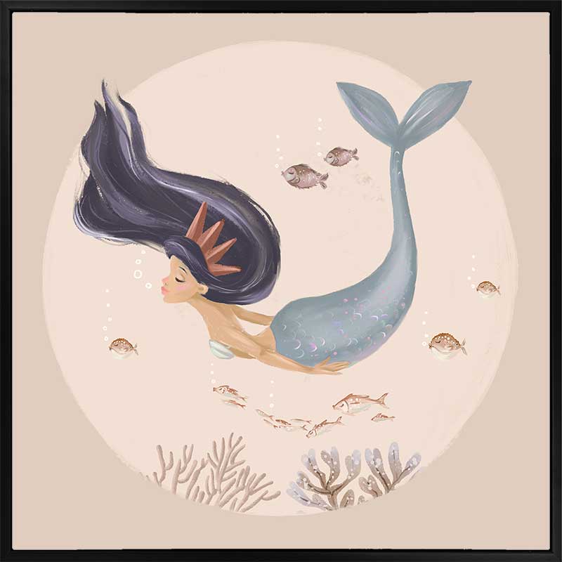 An underwater illustration of a whimsical mermaid with flowing dark hair swimming near corals and fish, part of the Little Tails Collection by Urban Road.