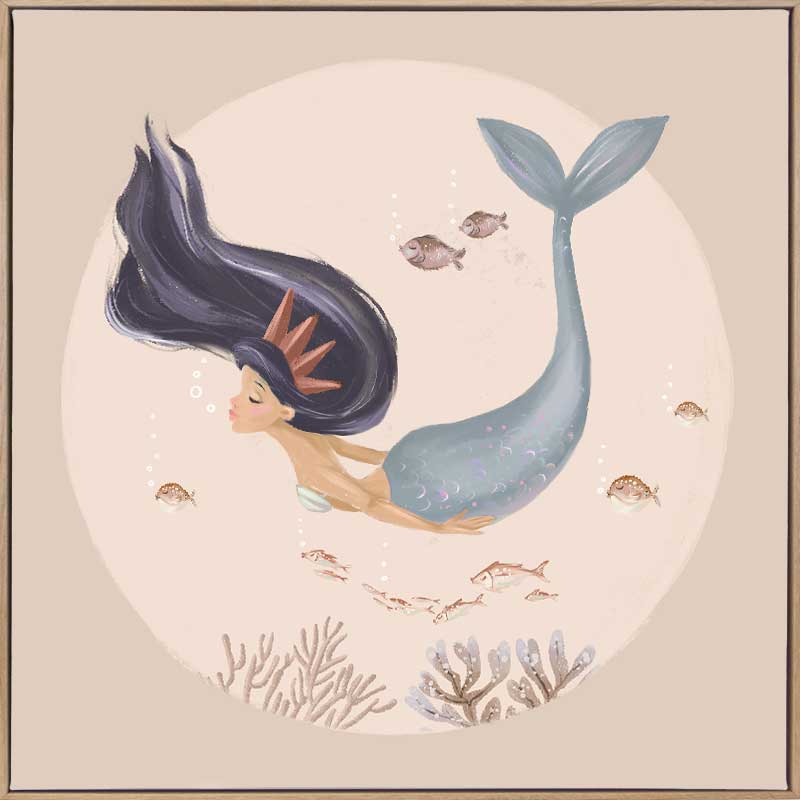 An underwater illustration of a whimsical mermaid with flowing dark hair swimming near corals and fish, part of the Little Tails Collection by Urban Road.