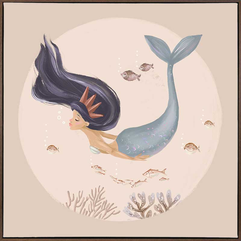 An underwater illustration of a whimsical mermaid with flowing dark hair swimming near corals and fish, part of the Little Tails Collection by Urban Road.