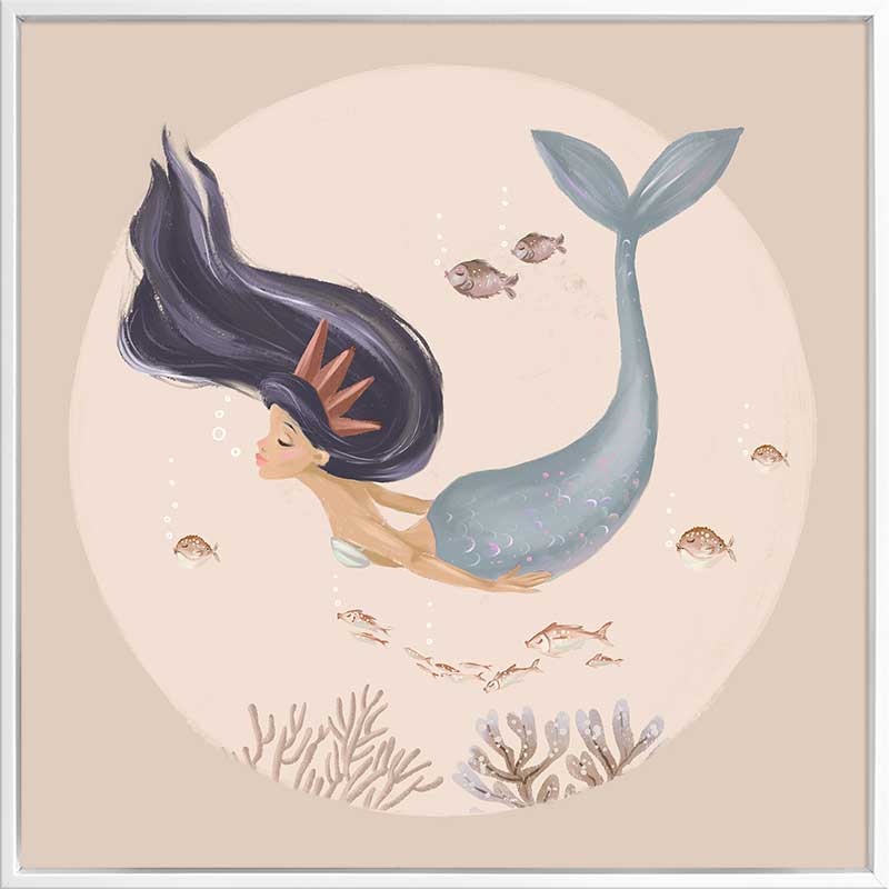 An underwater illustration of a whimsical mermaid with flowing dark hair swimming near corals and fish, part of the Little Tails Collection by Urban Road.