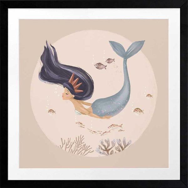 An underwater illustration of a whimsical mermaid with flowing dark hair swimming near corals and fish, part of the Little Tails Collection by Urban Road.