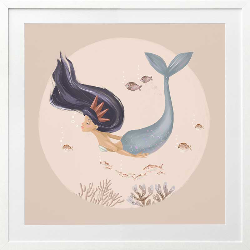 An underwater illustration of a whimsical mermaid with flowing dark hair swimming near corals and fish, part of the Little Tails Collection by Urban Road.