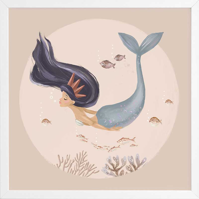 An underwater illustration of a whimsical mermaid with flowing dark hair swimming near corals and fish, part of the Little Tails Collection by Urban Road.