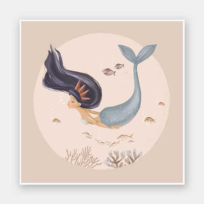 An underwater illustration of a whimsical mermaid with flowing dark hair swimming near corals and fish, part of the Little Tails Collection by Urban Road.