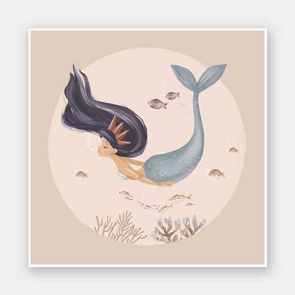 An underwater illustration of a whimsical mermaid with flowing dark hair swimming near corals and fish, part of the Little Tails Collection by Urban Road.