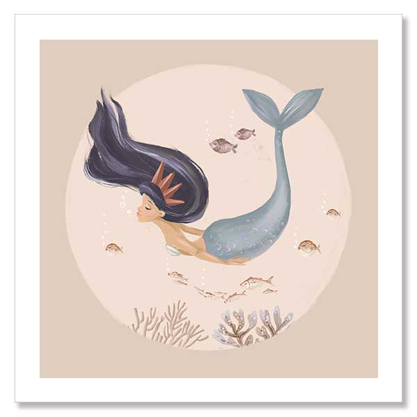 An underwater illustration of a whimsical mermaid with flowing dark hair swimming near corals and fish, part of the Little Tails Collection by Urban Road.