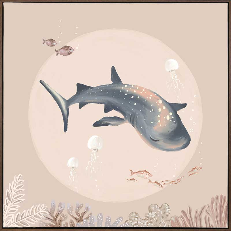 A dreamy underwater scene featuring a whale shark surrounded by fish and corals under soft moonlight tones, part of the Little Tails Collection by Urban Road.