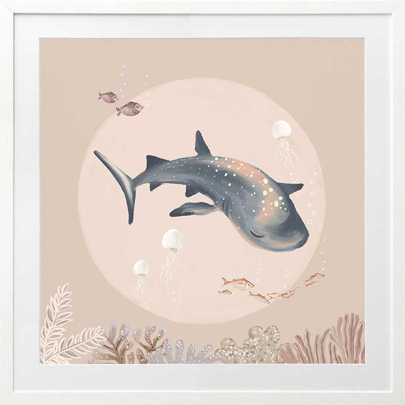 A dreamy underwater scene featuring a whale shark surrounded by fish and corals under soft moonlight tones, part of the Little Tails Collection by Urban Road.