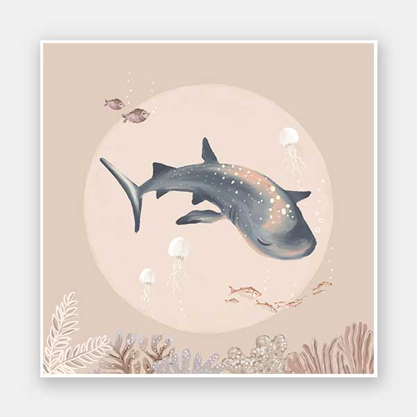 A dreamy underwater scene featuring a whale shark surrounded by fish and corals under soft moonlight tones, part of the Little Tails Collection by Urban Road.