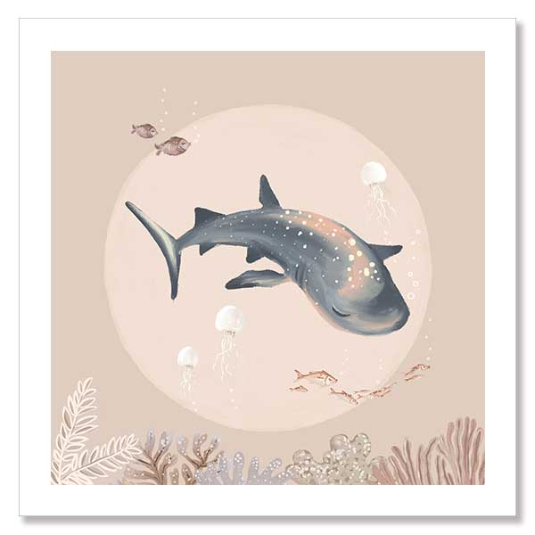 A dreamy underwater scene featuring a whale shark surrounded by fish and corals under soft moonlight tones, part of the Little Tails Collection by Urban Road.