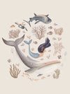 A playful marine composition with a mermaid, whale, and fish swimming amidst soft-toned corals, part of the Little Tails Collection by Urban Road.