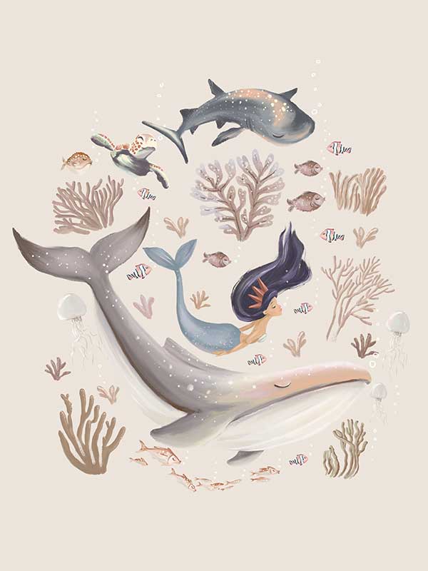 A playful marine composition with a mermaid, whale, and fish swimming amidst soft-toned corals, part of the Little Tails Collection by Urban Road.