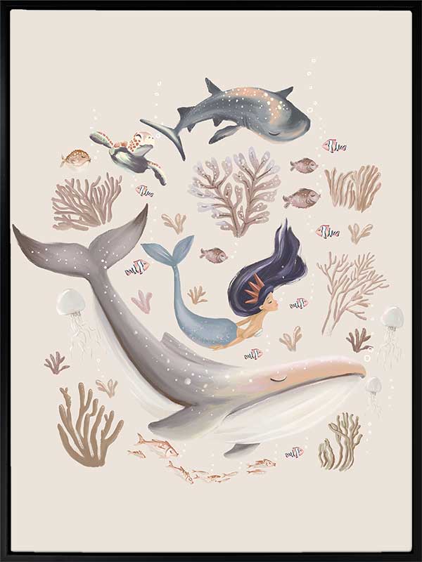 A playful marine composition with a mermaid, whale, and fish swimming amidst soft-toned corals, part of the Little Tails Collection by Urban Road.