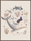 A playful marine composition with a mermaid, whale, and fish swimming amidst soft-toned corals, part of the Little Tails Collection by Urban Road.