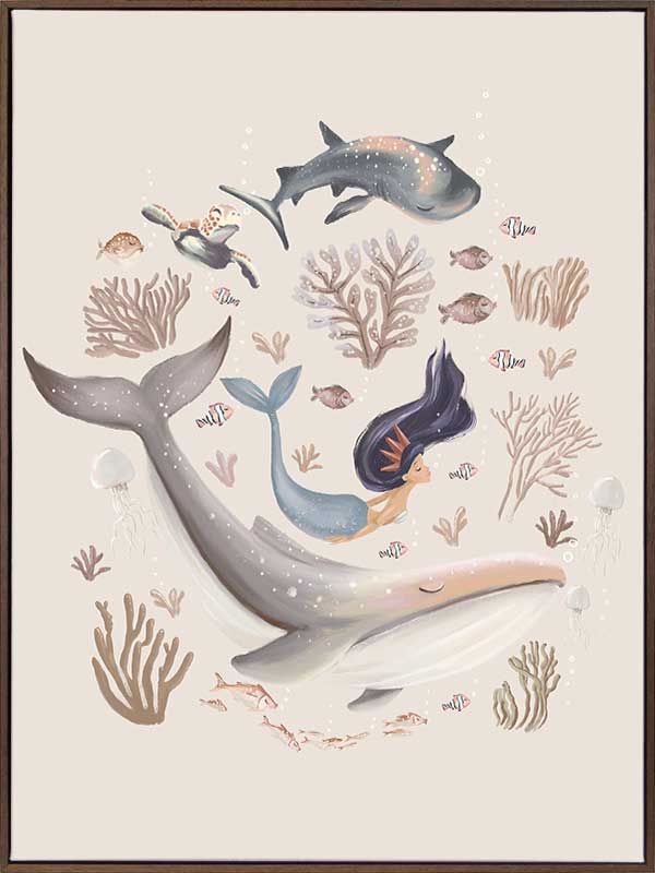 A playful marine composition with a mermaid, whale, and fish swimming amidst soft-toned corals, part of the Little Tails Collection by Urban Road.
