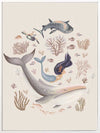 A playful marine composition with a mermaid, whale, and fish swimming amidst soft-toned corals, part of the Little Tails Collection by Urban Road.