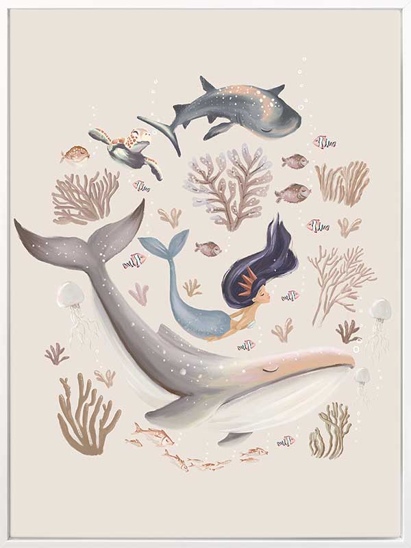 A playful marine composition with a mermaid, whale, and fish swimming amidst soft-toned corals, part of the Little Tails Collection by Urban Road.