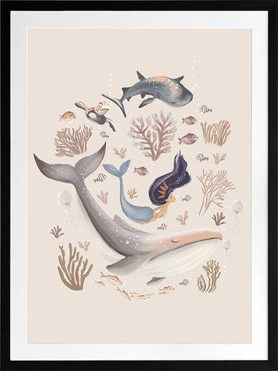 A playful marine composition with a mermaid, whale, and fish swimming amidst soft-toned corals, part of the Little Tails Collection by Urban Road.