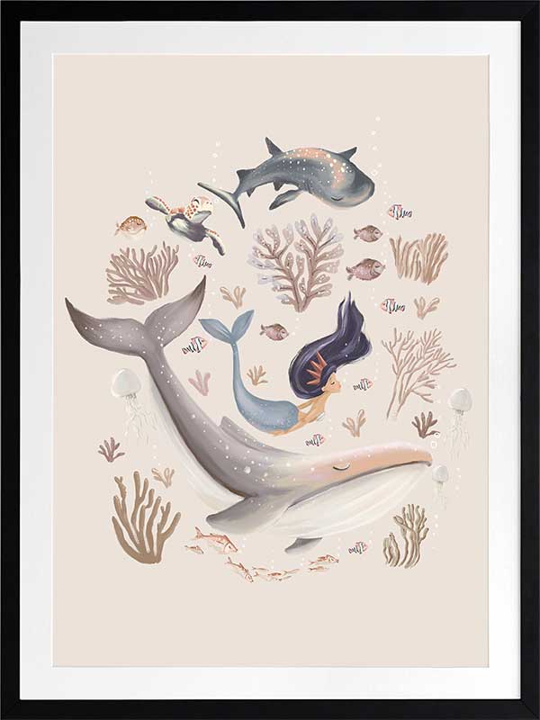 A playful marine composition with a mermaid, whale, and fish swimming amidst soft-toned corals, part of the Little Tails Collection by Urban Road.