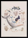 A playful marine composition with a mermaid, whale, and fish swimming amidst soft-toned corals, part of the Little Tails Collection by Urban Road.