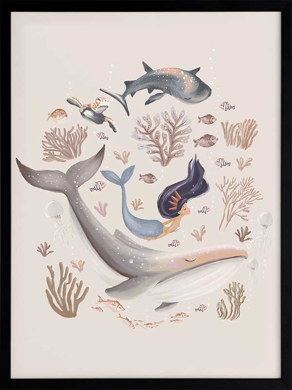 A playful marine composition with a mermaid, whale, and fish swimming amidst soft-toned corals, part of the Little Tails Collection by Urban Road.