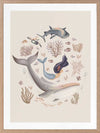 A playful marine composition with a mermaid, whale, and fish swimming amidst soft-toned corals, part of the Little Tails Collection by Urban Road.