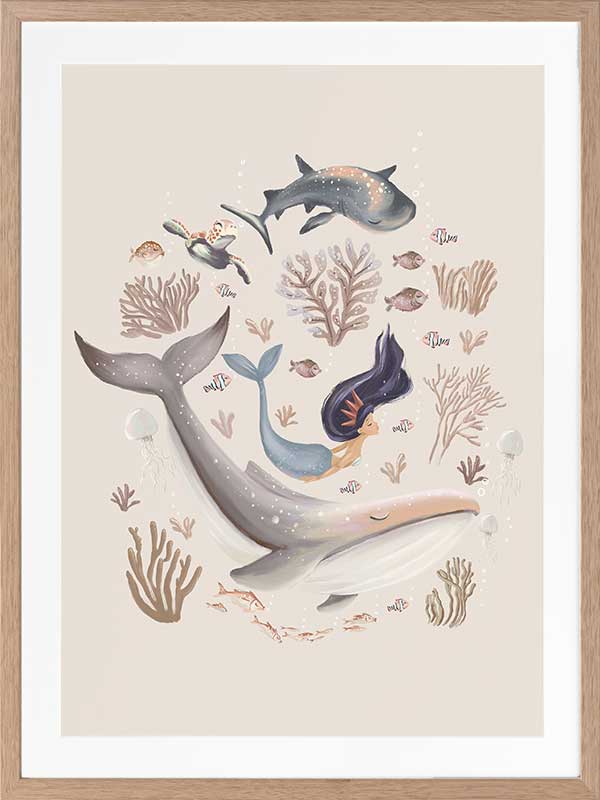 A playful marine composition with a mermaid, whale, and fish swimming amidst soft-toned corals, part of the Little Tails Collection by Urban Road.